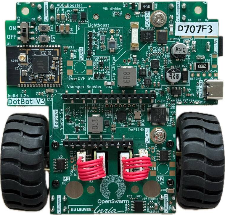 Photo of a DotBot v3 from above, with its two wheels.