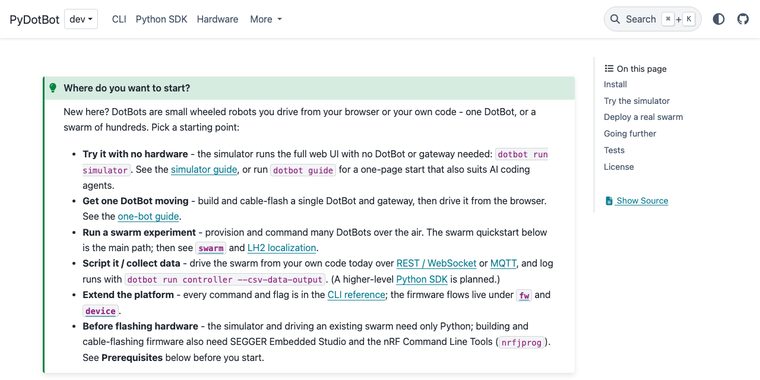 Screenshot of the PyDotBot documentation home page.