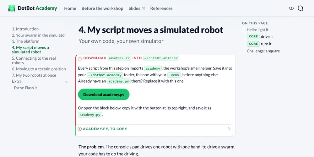 Screenshot of a workshop step page, My script moves a simulated robot.