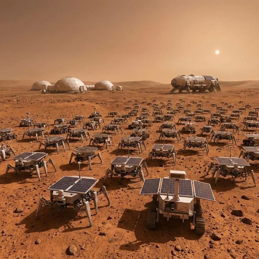 Illustration of many small solar-panel robots spread over a Martian landscape.